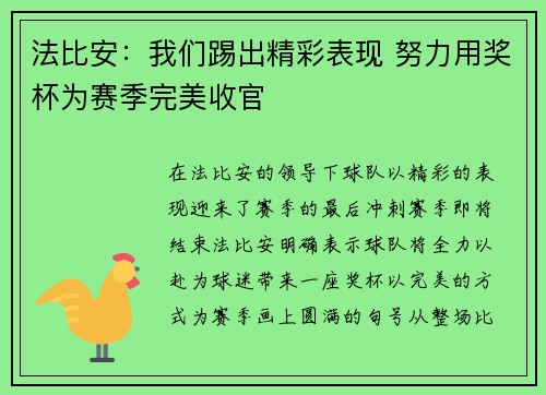 法比安：我们踢出精彩表现 努力用奖杯为赛季完美收官