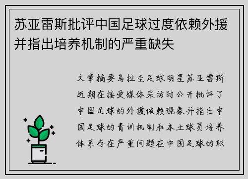苏亚雷斯批评中国足球过度依赖外援并指出培养机制的严重缺失