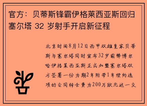 官方：贝蒂斯锋霸伊格莱西亚斯回归塞尔塔 32 岁射手开启新征程